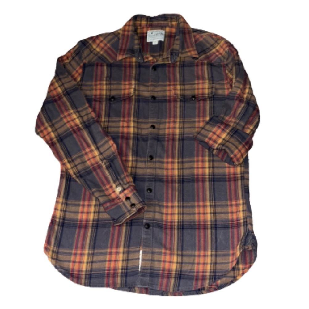 Lucky Brand red, orange and charcoal gray plaid snap closure shirt size M